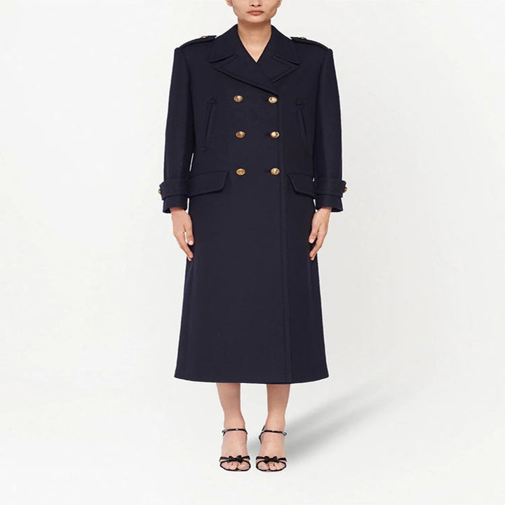 Women Double-breasted military-inspired Maxi Wool Coat with Epaulets and Decorative Straps Mune Fashion