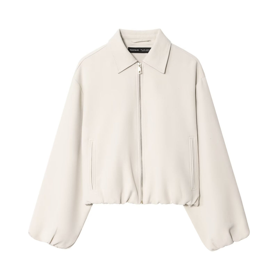 Women short jacket made of vegan leather with Kent collar, full-length zipper and gathered hem Mune Fashion