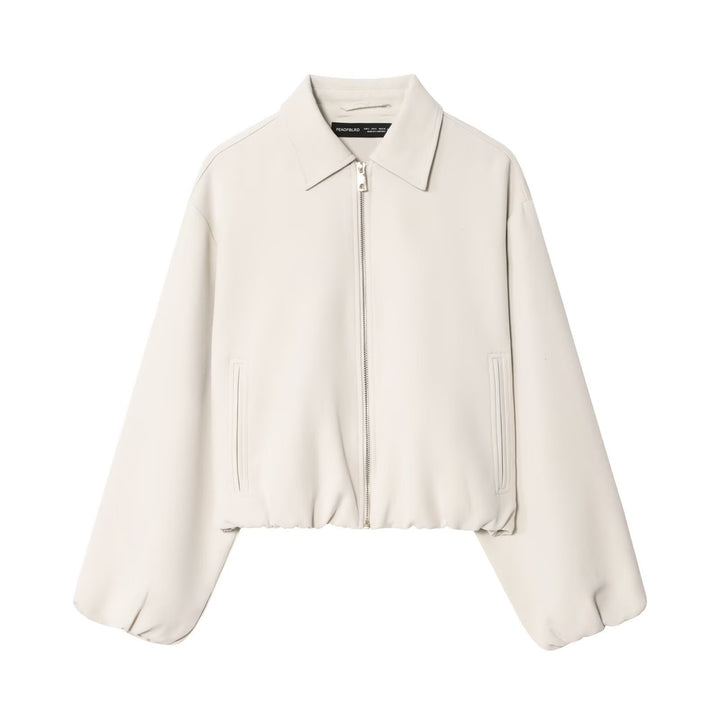 Women short jacket made of vegan leather with Kent collar, full-length zipper and gathered hem Mune Fashion