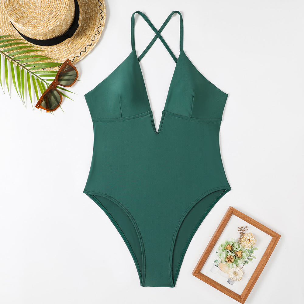 Women's one-piece swimsuit with deep V-neck and trendy feather design Mune Fashion