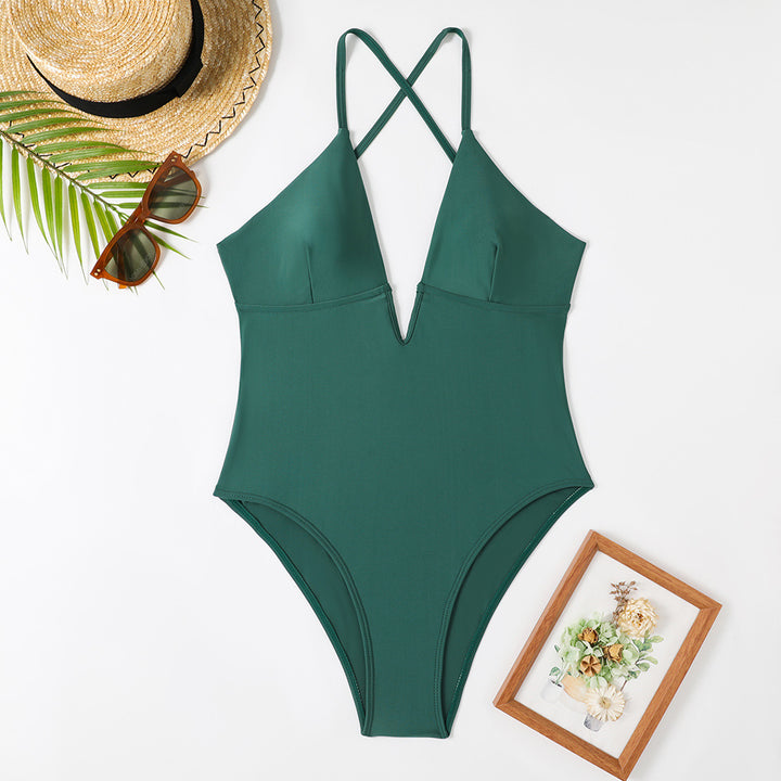 Women's one-piece swimsuit with deep V-neck and trendy feather design Mune Fashion
