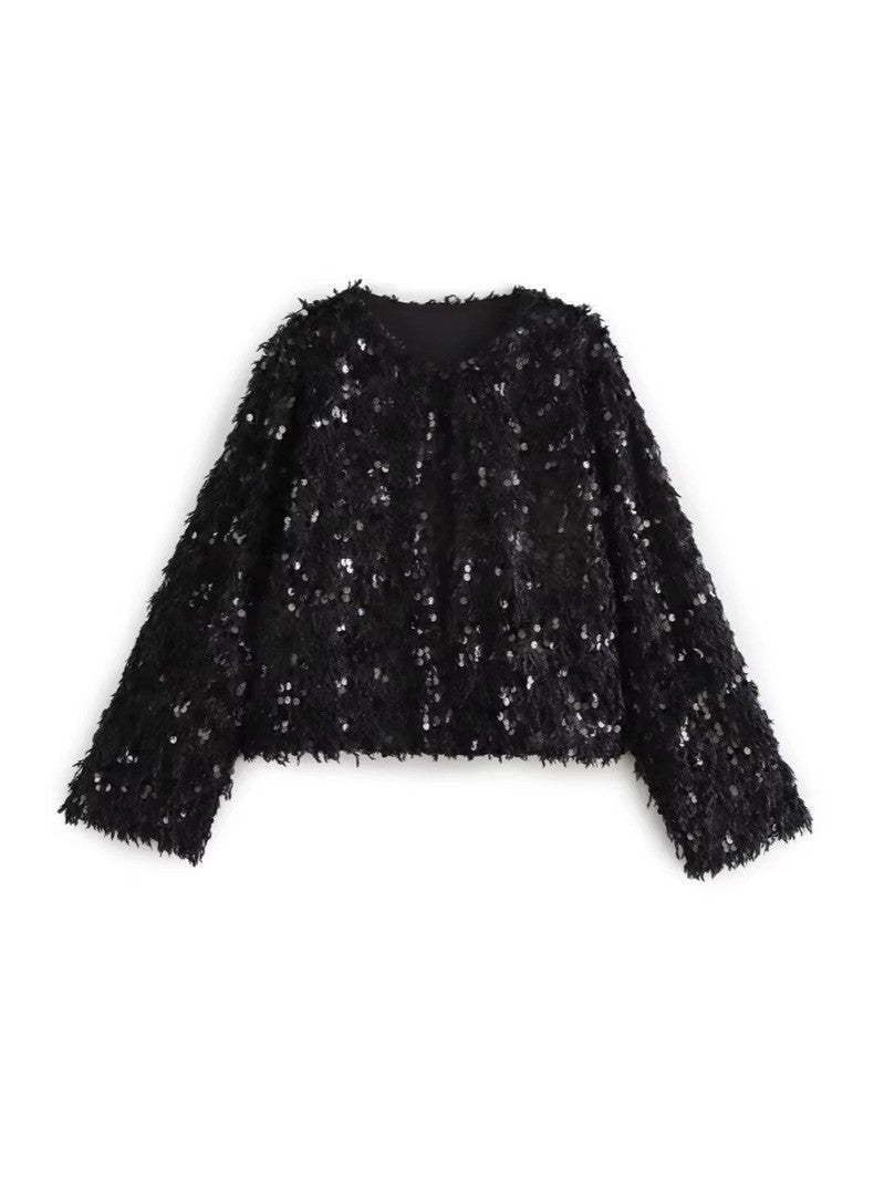 Women's Cropped Jacket made of fluffy Faux Fur with sequin trim Mune Fashion