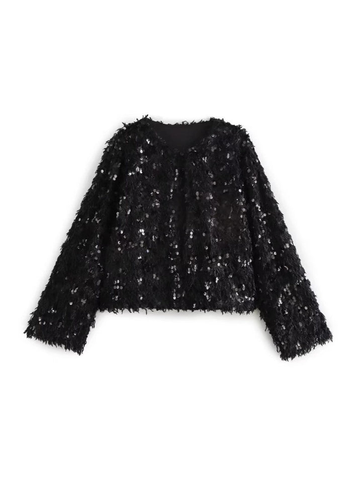 Women's Cropped Jacket made of fluffy Faux Fur with sequin trim Mune Fashion
