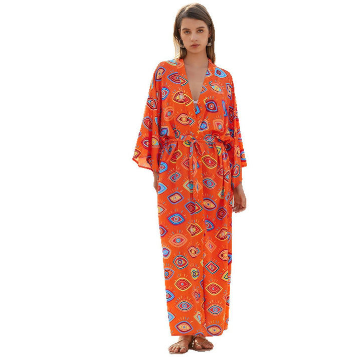 Women Long Kaftan-Kimono with Waist Belt, V-Neck & Graphic Eye Print Mune Fashion