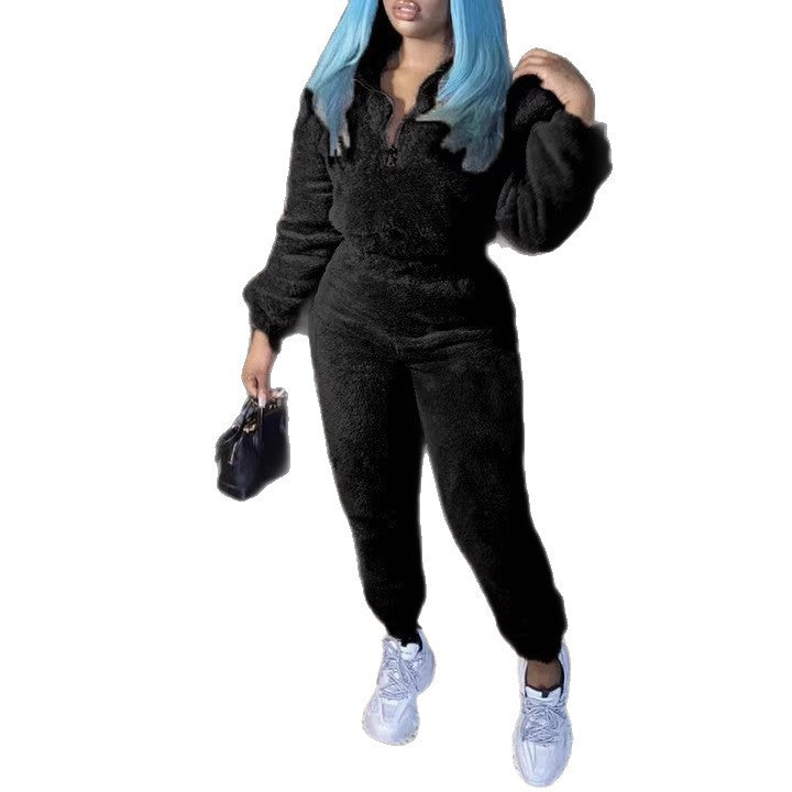 Women's cozy teddy lounge set with half zip and high-waist jogger Mune Fashion