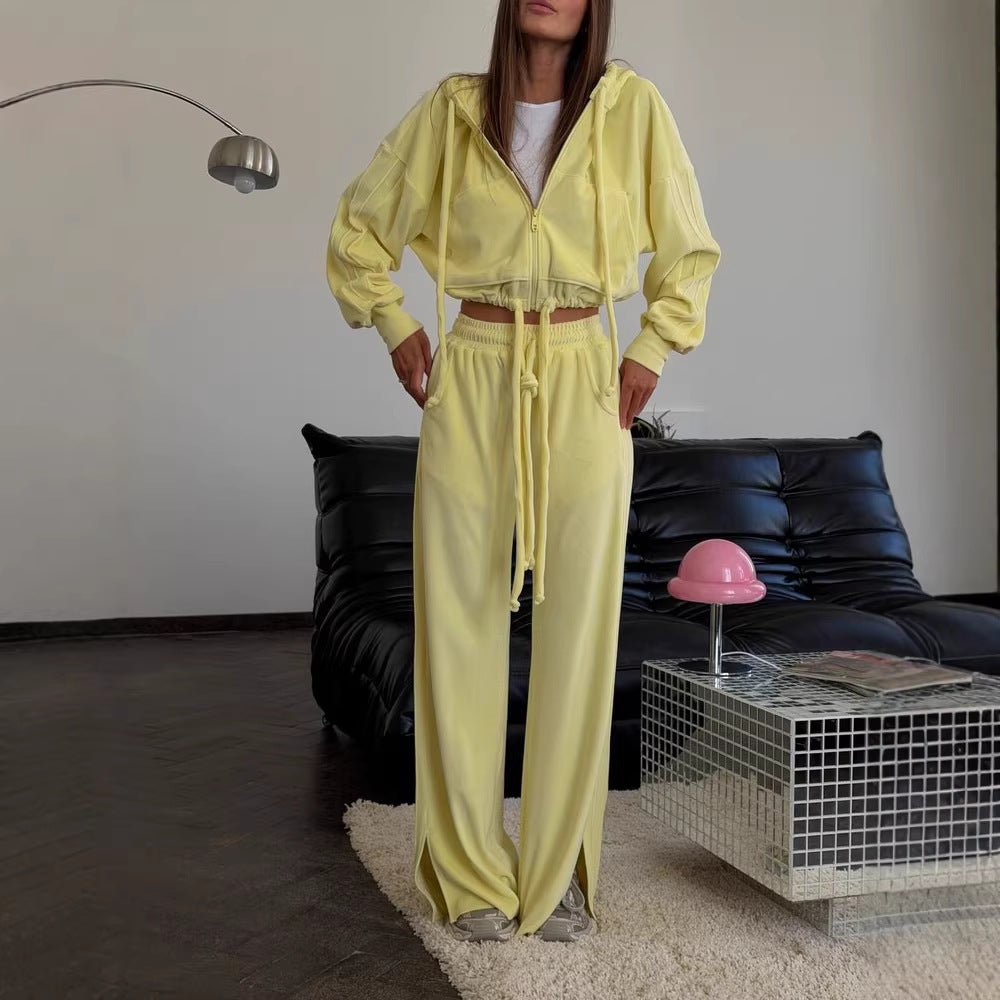 Women's Cropped Hoodie with Drawstring and Wide Split Pants Lounge Set Mune Fashion