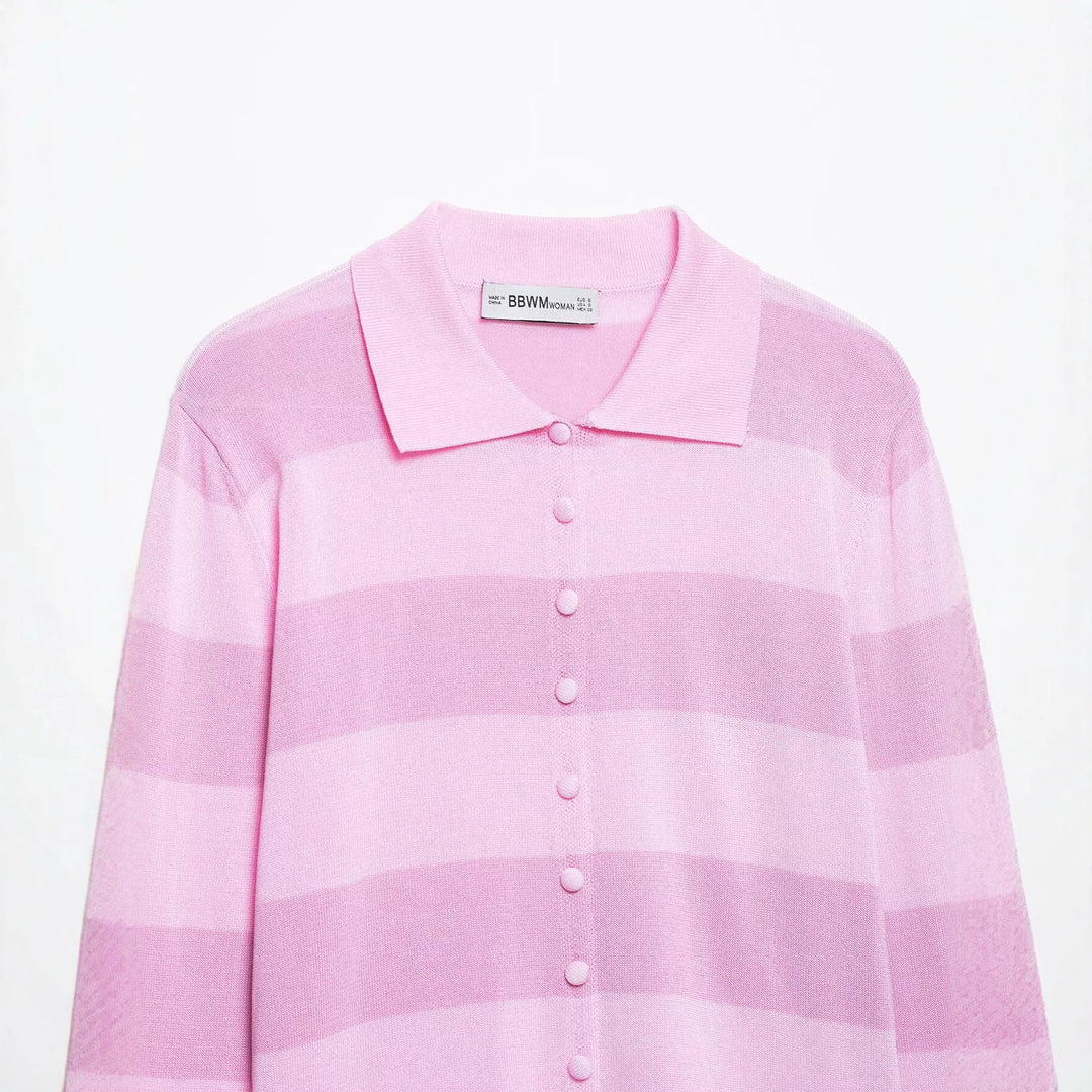 Women Striped Fine Knit Cardigan with Polo Collar and Covered Buttons Mune Fashion
