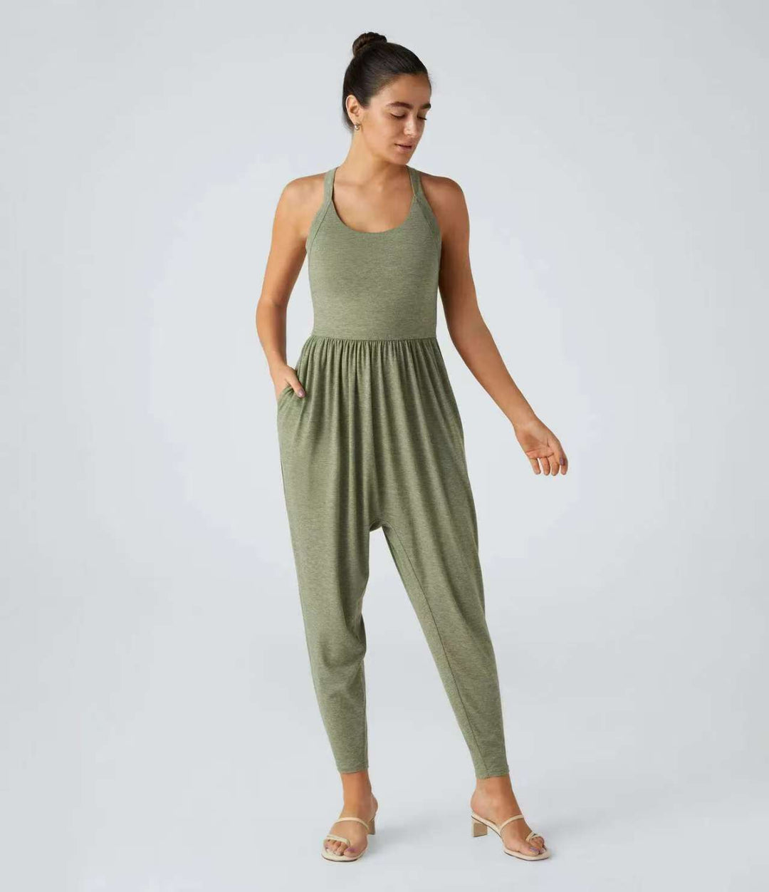 Women's casual jersey jumpsuit with racerback, smocked waist and side pockets Mune Fashion