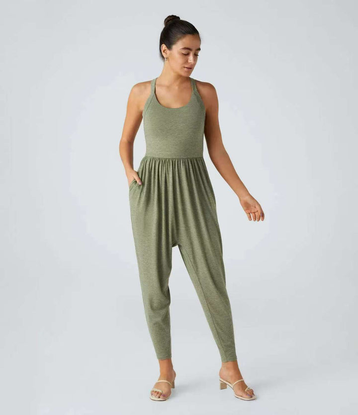 Women's casual jersey jumpsuit with racerback, smocked waist and side pockets Mune Fashion
