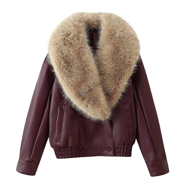Women's Short-Cut Leather Bomber Jacket with Voluminous Removable Fur Collar Mune Fashion
