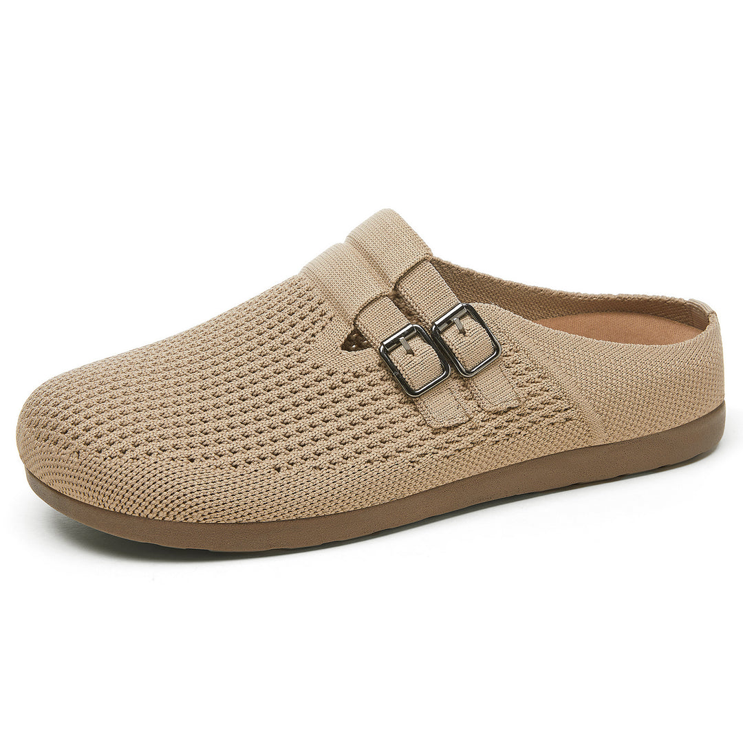 Women's knitted clog mule with double metal buckle, breathable 3D knitted upper and ergonomic memory footbed Mune Fashion