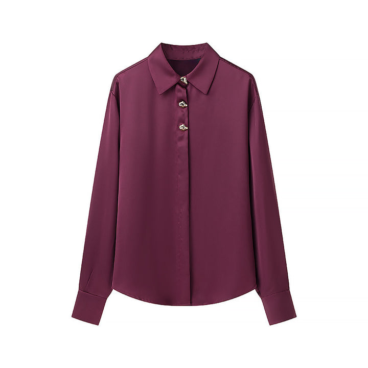 Women's luxury silk-like blouse with decorative button placket and classic collar Mune Fashion