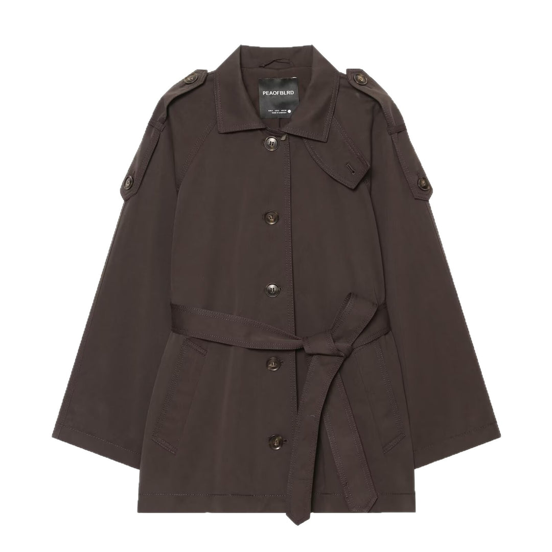 Ladies Short Cape Trench with Belt and Epaulettes Mune Fashion