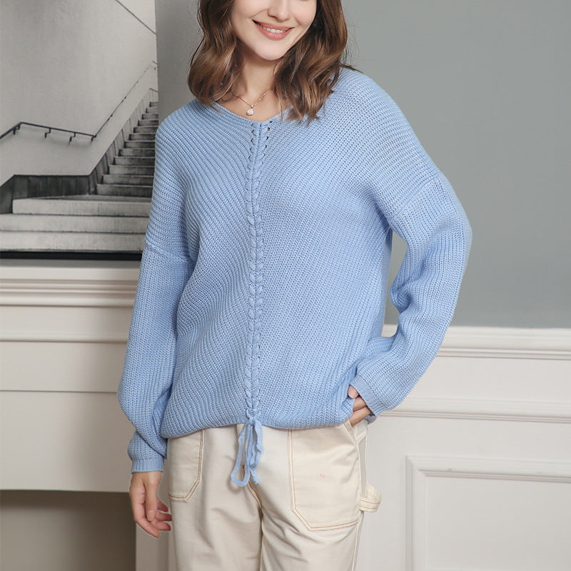 Women's knit sweater with cable center seam, V-neck and drawstring Mune Fashion