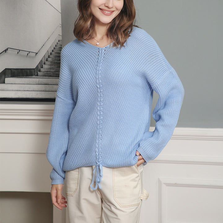 Women's knit sweater with cable center seam, V-neck and drawstring Mune Fashion