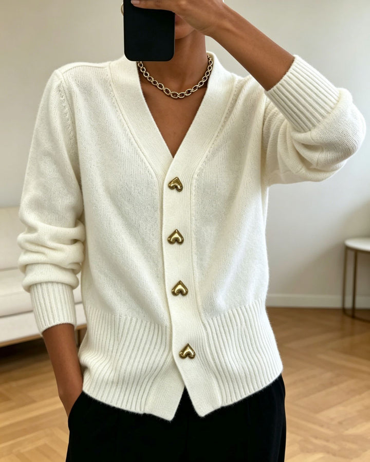 Women Oversize V-Neck Knit Cardigan with Heart-Shaped Decorative Buttons Mune Fashion