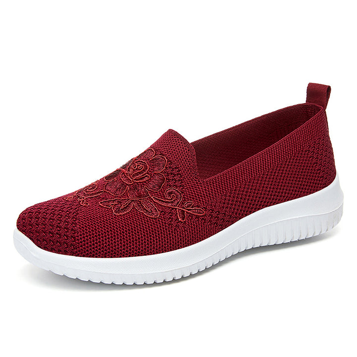 Women's elegant knitted slippers with floral embroidery, elastic entry, and feather-light EVA outsole Mune Fashion