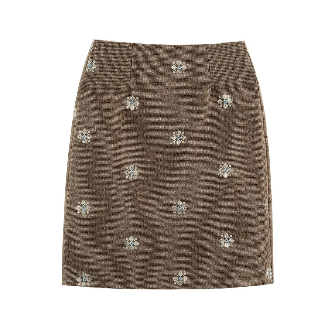 Women's wool blend pencil skirt with embroidered floral motifs and central slit Mune Fashion