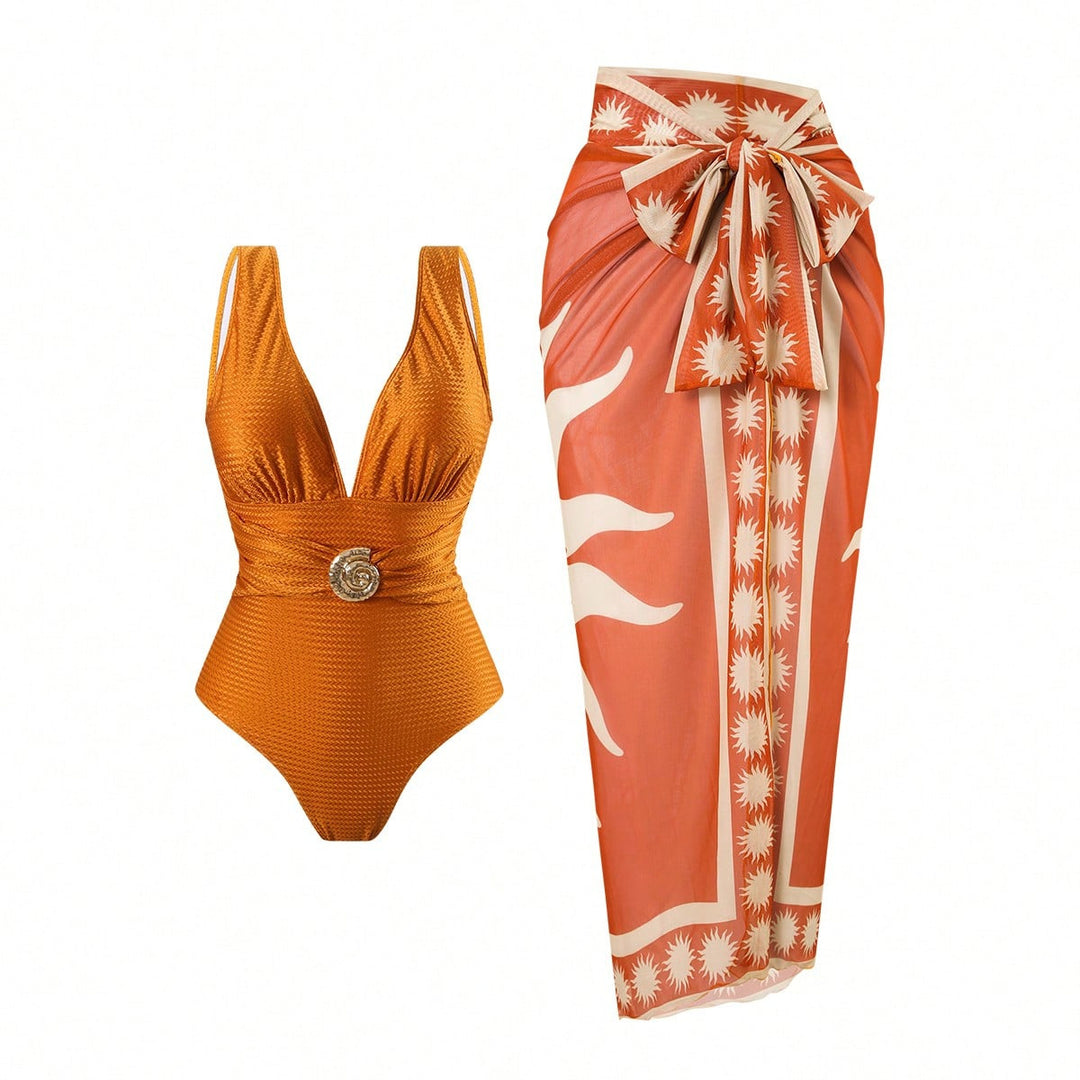 Women's swimsuit with feminine wrap skirt and elegant jewelry detail Mune Fashion