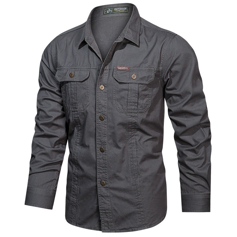 Men's rugged long-sleeve outdoor shirt with double chest pockets and button front