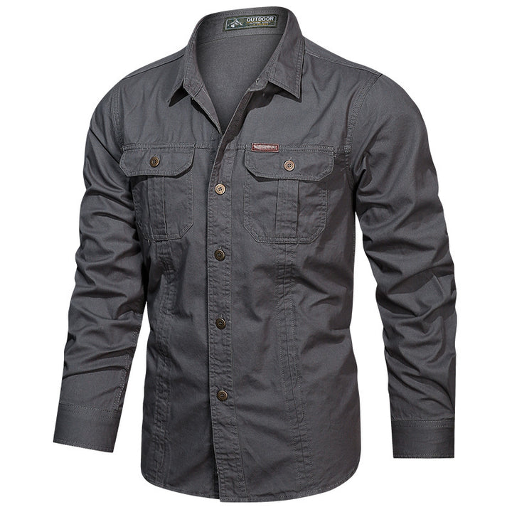 Men's rugged long-sleeve outdoor shirt with double chest pockets and button front