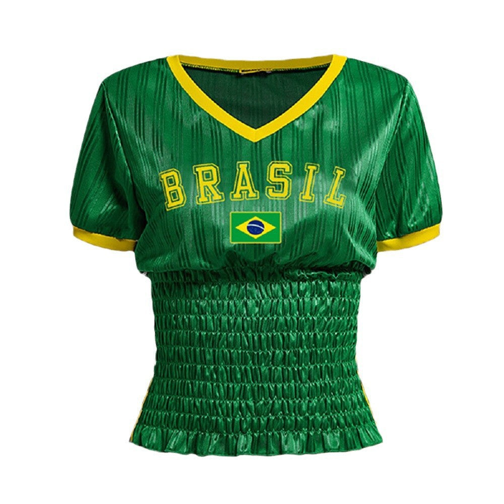 Women’s V-Neck Short Blouse with Smocked Waist and Eye-Catching Statement Print Mune Fashion