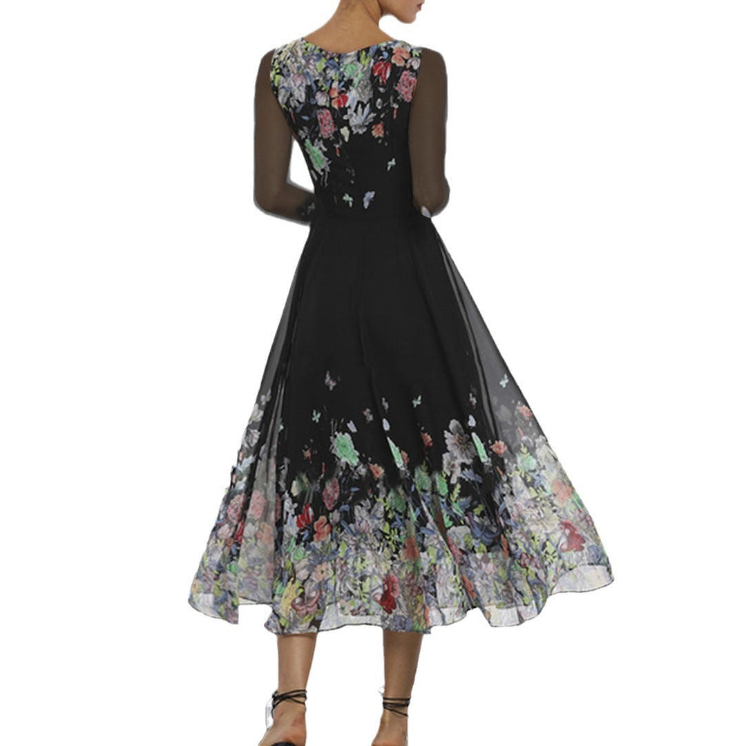 Women's Elegant Floral Maxi Dress with Sheer Sleeves and Flowing Cut Mune