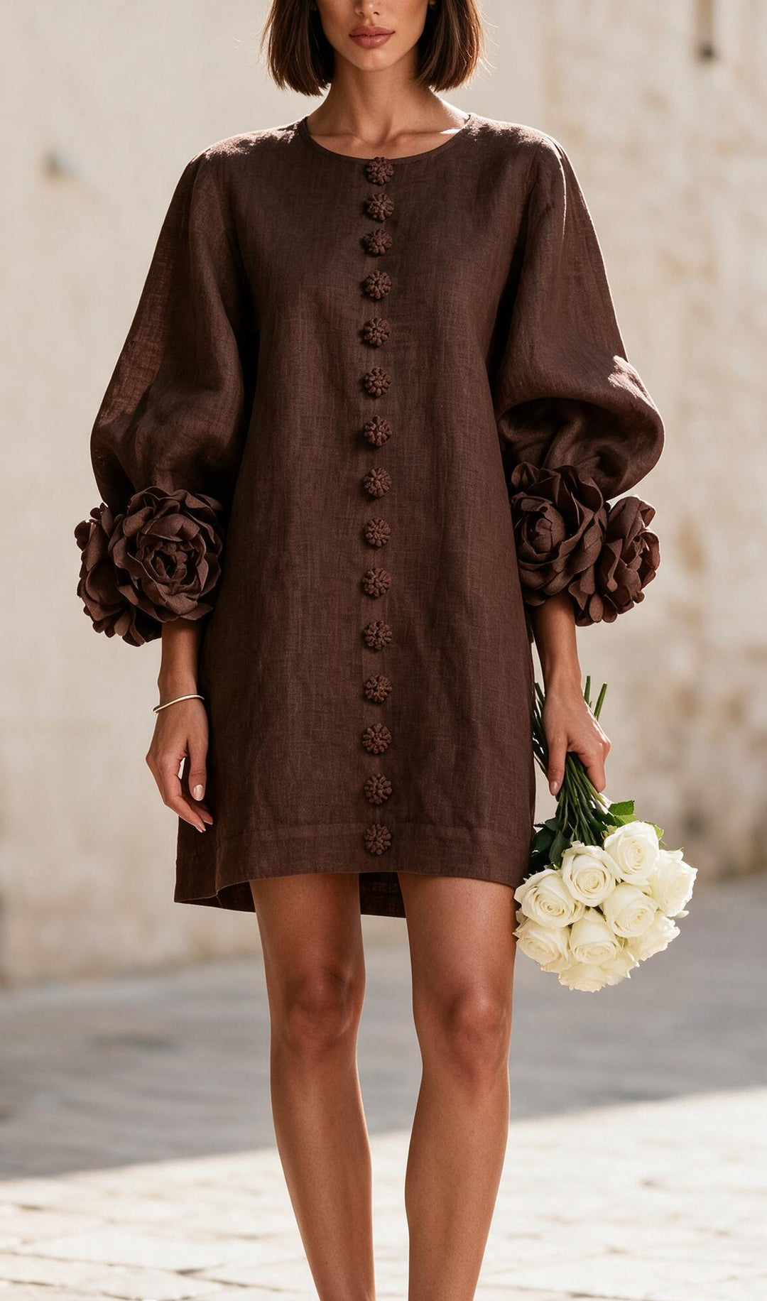 Ladies short dress made of linen with voluminous balloon sleeves and 3D flower cuffs Mune Fashion