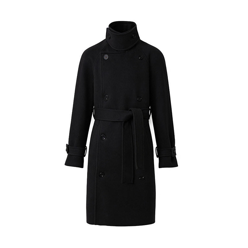 Men's Maxi Length Double-Breasted Wool Blend Coat with High Stand Collar and Tie Belt Mune Fashion