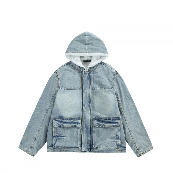 Unisex Hooded Denim Parka in Used Look with Teddy Fleece Lining and Flap Pockets Mune Fashion