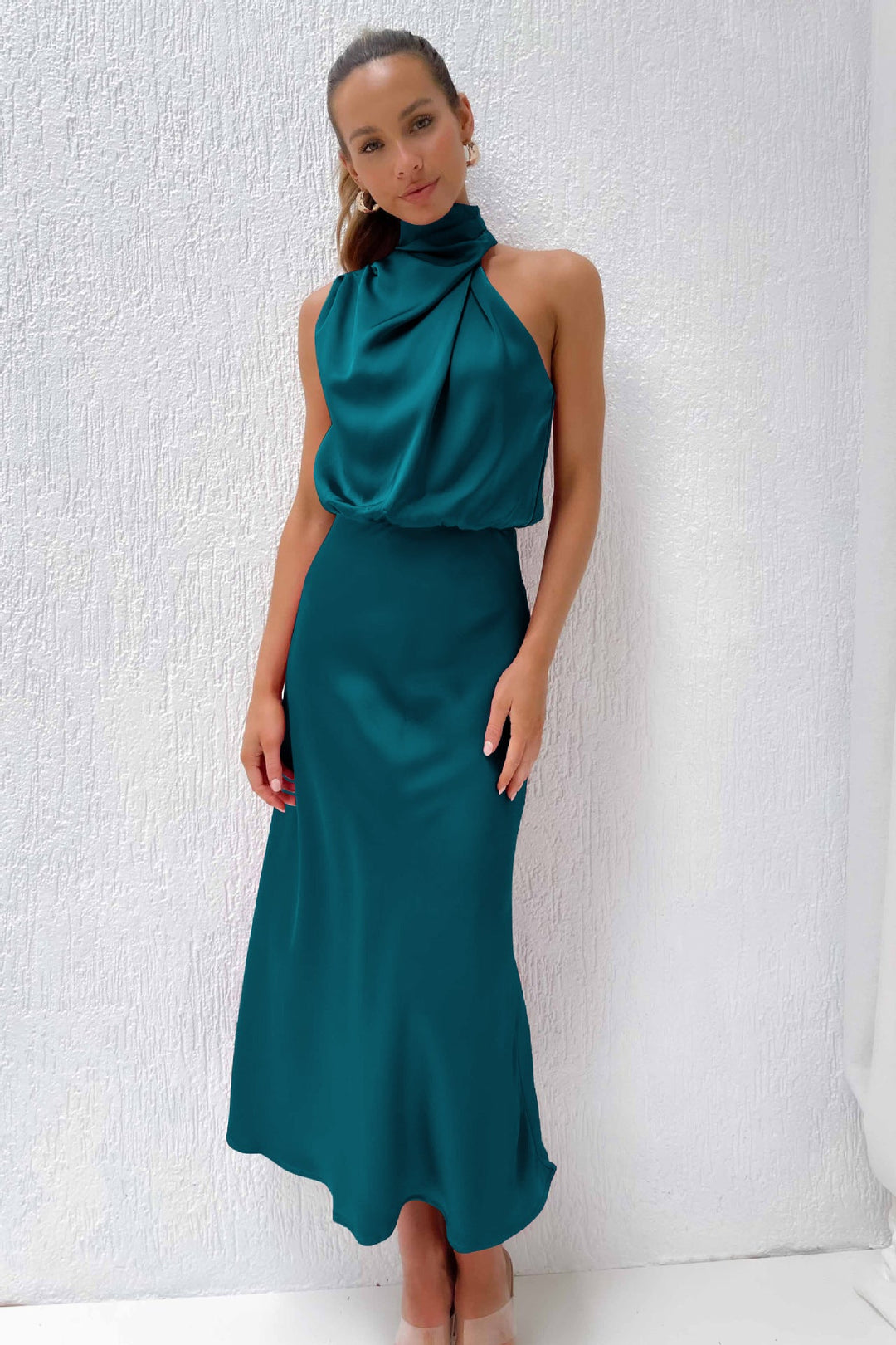 Women Flowing Maxi Dress with Elegant Stand Collar and Draping Mune Fashion