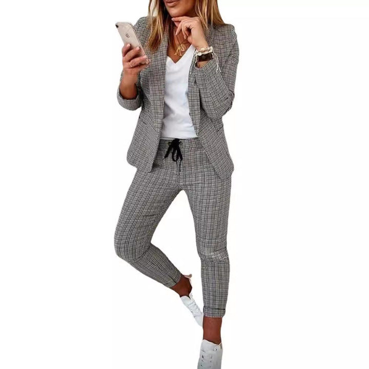 Ladies two-piece checked pattern business-casual blazer set with elastic waistband pants Mune Fashion