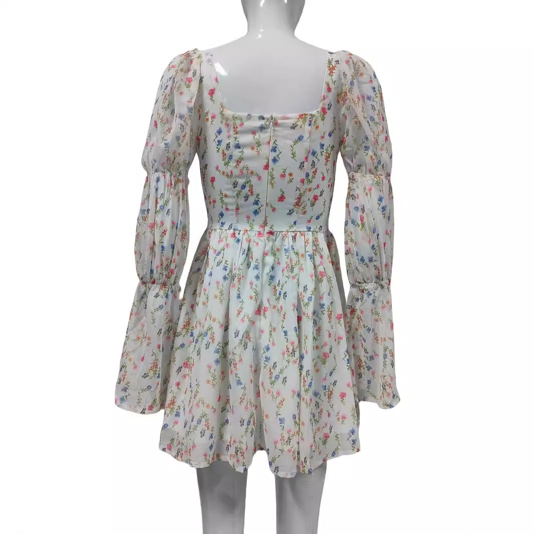 Women's Summer Chiffon Mini Dress with Square Neckline, Puff Sleeves and Tailored Empire Line Mune Fashion