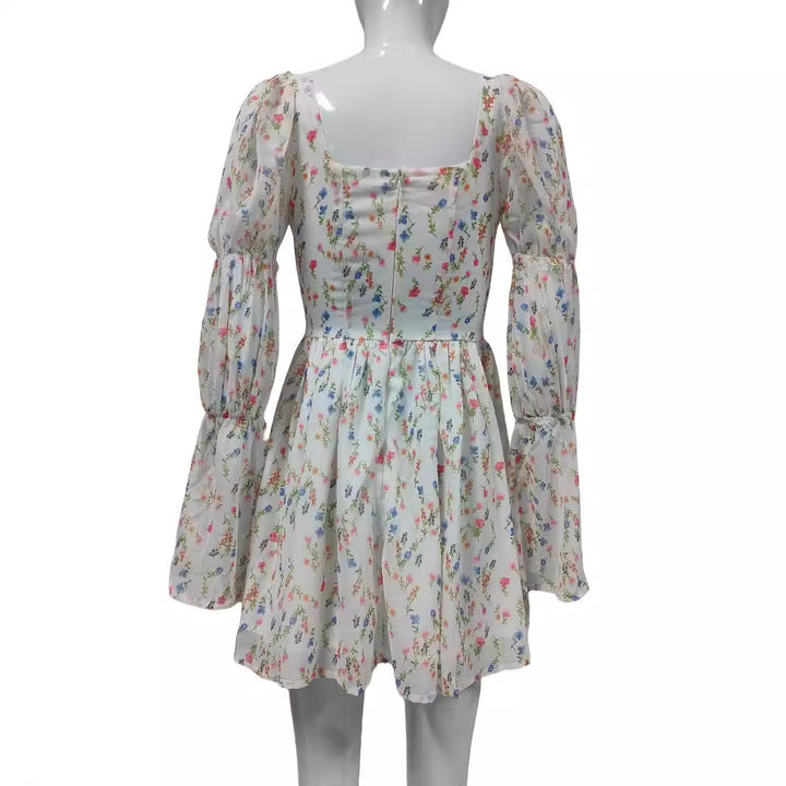 Women's Summer Chiffon Mini Dress with Square Neckline, Puff Sleeves and Tailored Empire Line Mune Fashion
