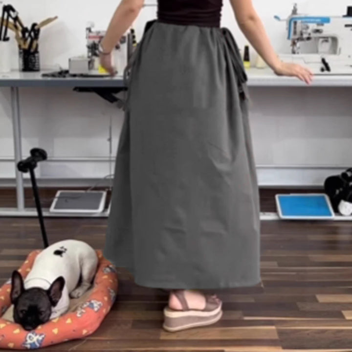 Women's Flowing Midi Skirt with High Smocked Waistband, Ties and Pockets Mune Fashion