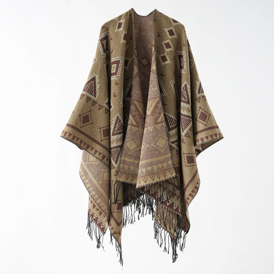 Women's jacquard wrap ruana in ethnic design with fringes and open fall Mune Fashion