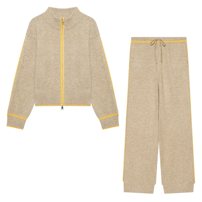 Women Two-Piece Knit Loungewear Set with Short Zip Cardigan and High Waist Palazzo Pants Mune Fashion