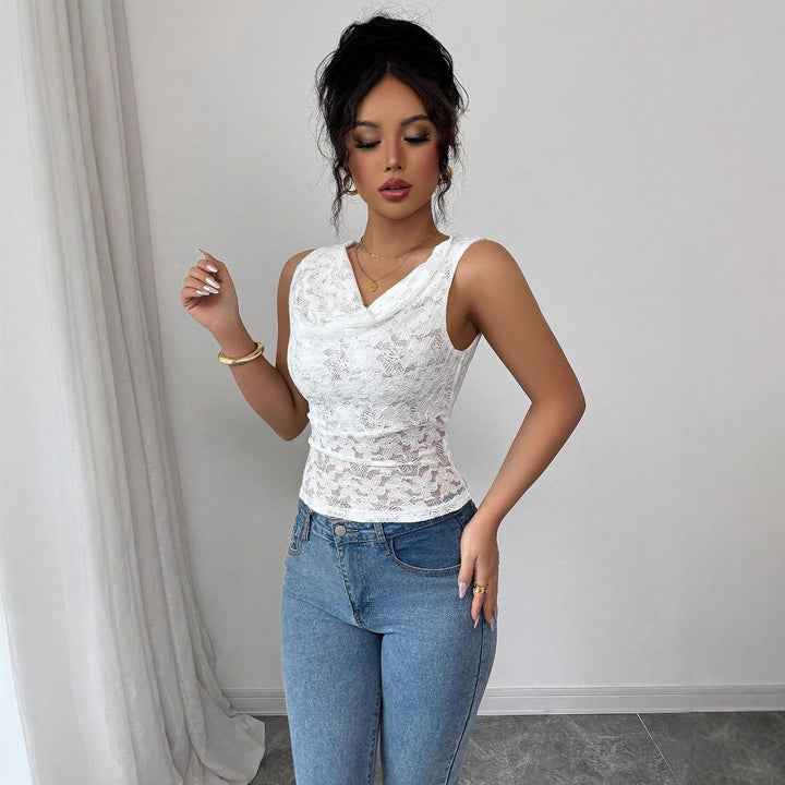 Ladies lace top with waterfall neckline and figure-hugging waistline Mune Fashion
