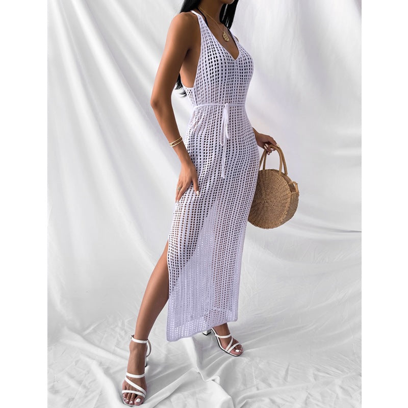 Women's crocheted maxi dress with deep V-neckline and side slit Mune Fashion