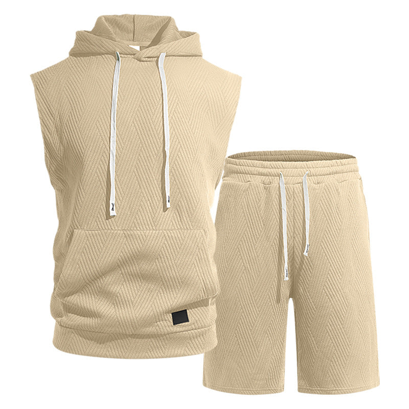 Men's sleeveless hoodie lounge set made of textured cotton blend with kangaroo pocket and elastic leisure pants Mune Fashion