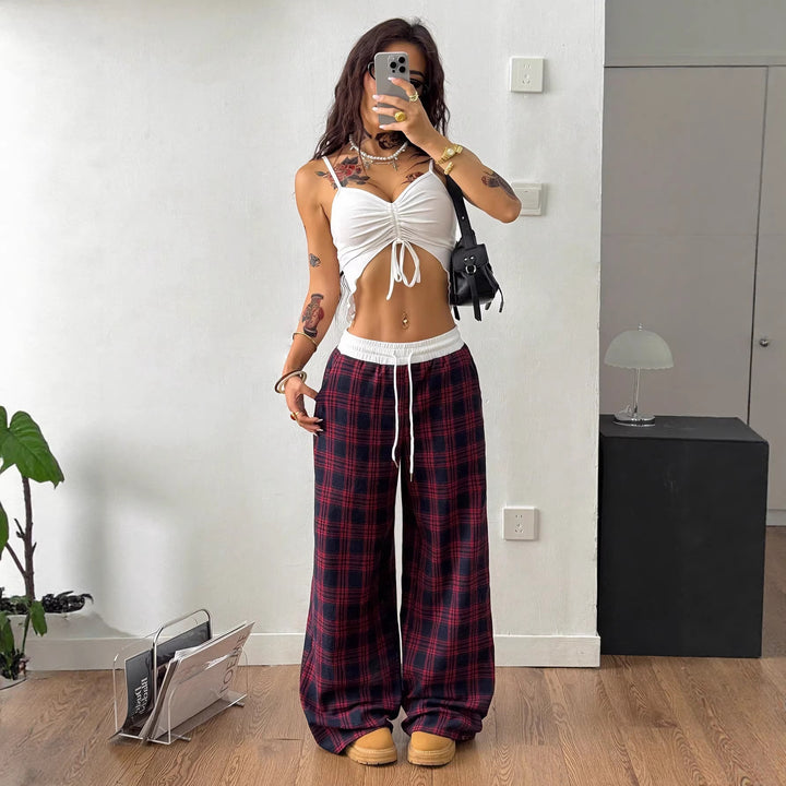 Women's wide plaid lounge pants with high elastic waistband and drawstring Mune Fashion