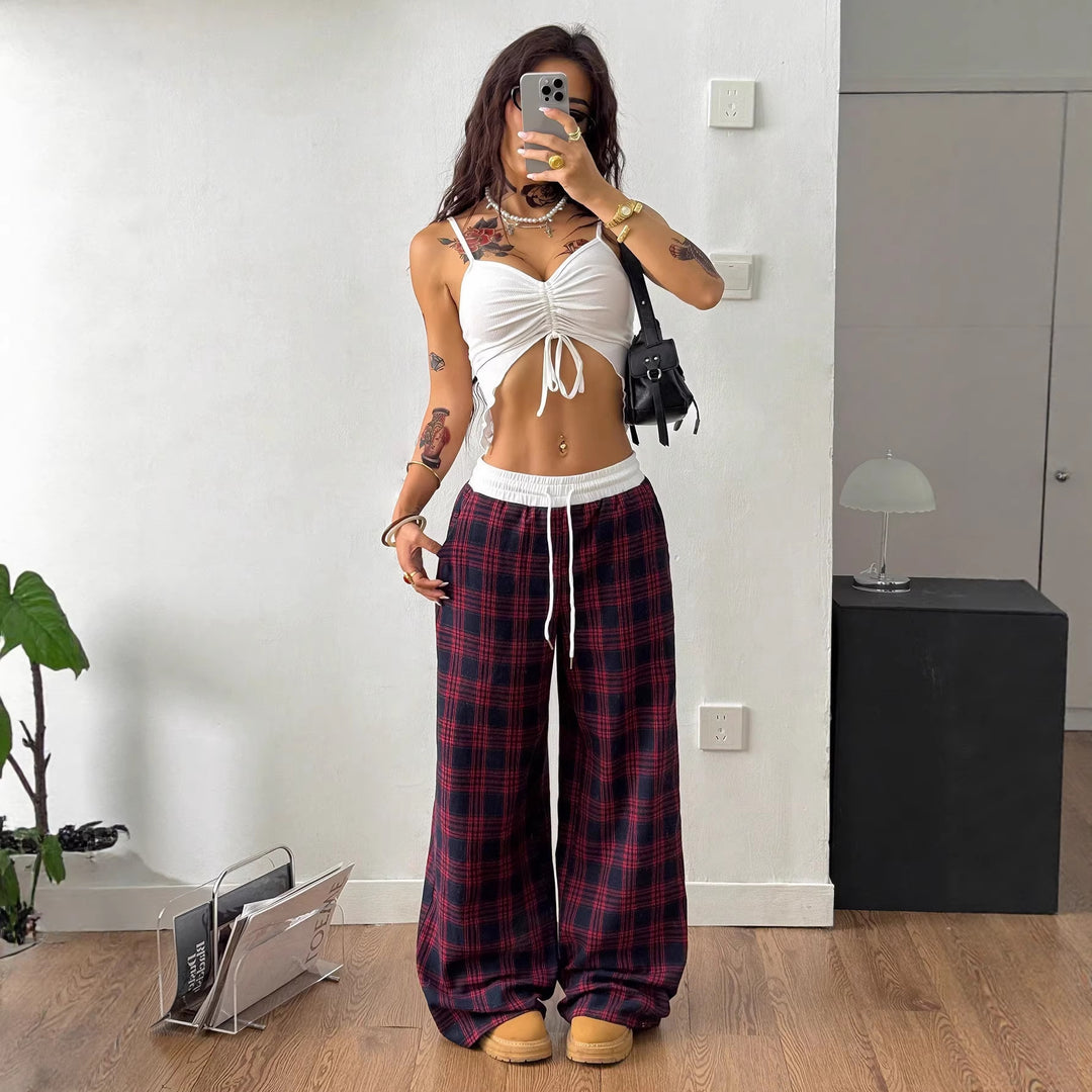 Women Checked Relaxed Pants with Wide Leg, Ribbed Waistband and Pockets Mune Fashion