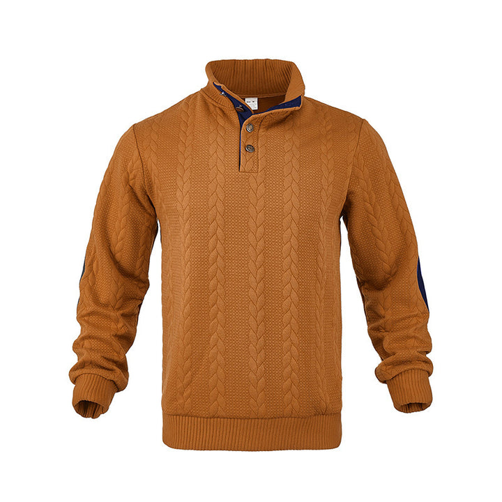 Men's cable knit sweater with stand-up collar, button placket & elbow patches Mune Fashion