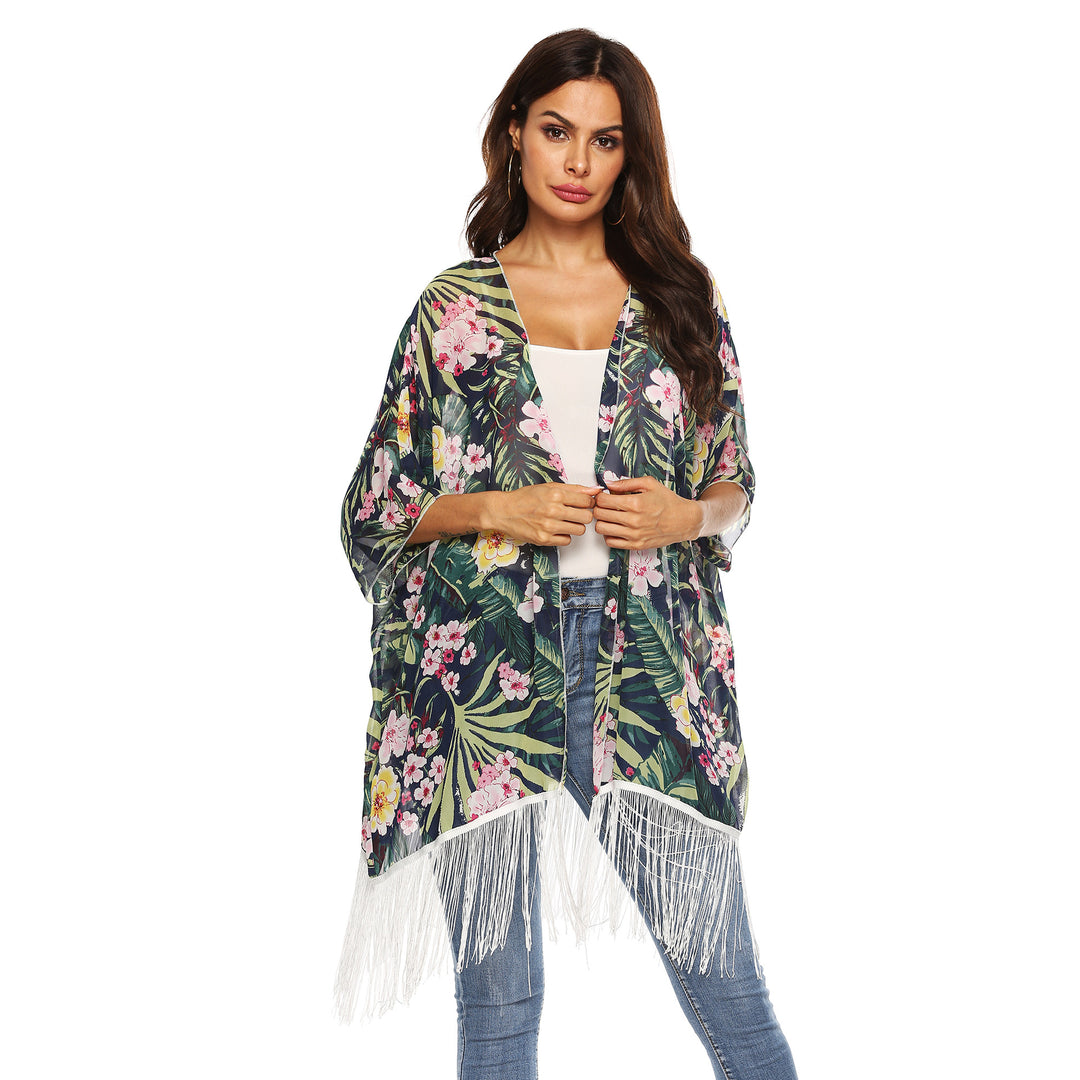 Women's kimono with floral design and fringes Mune Fashion