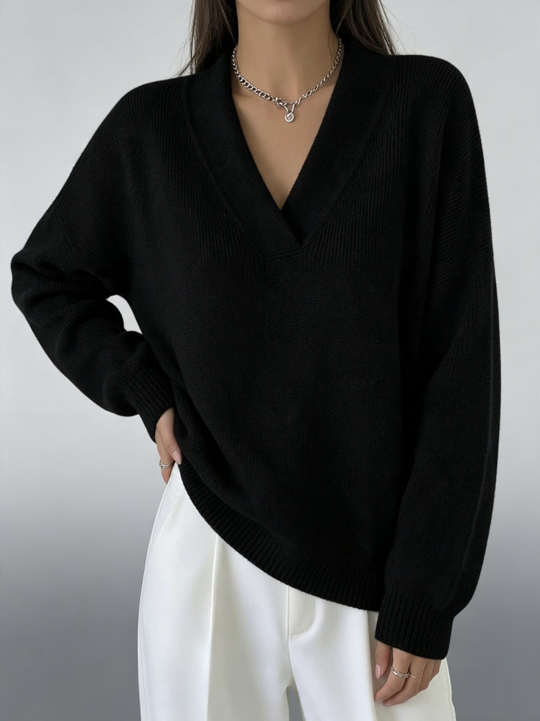 Women Cashmere-Touch V-Neck Relax Sweater with Raglan Sleeves Mune Fashion