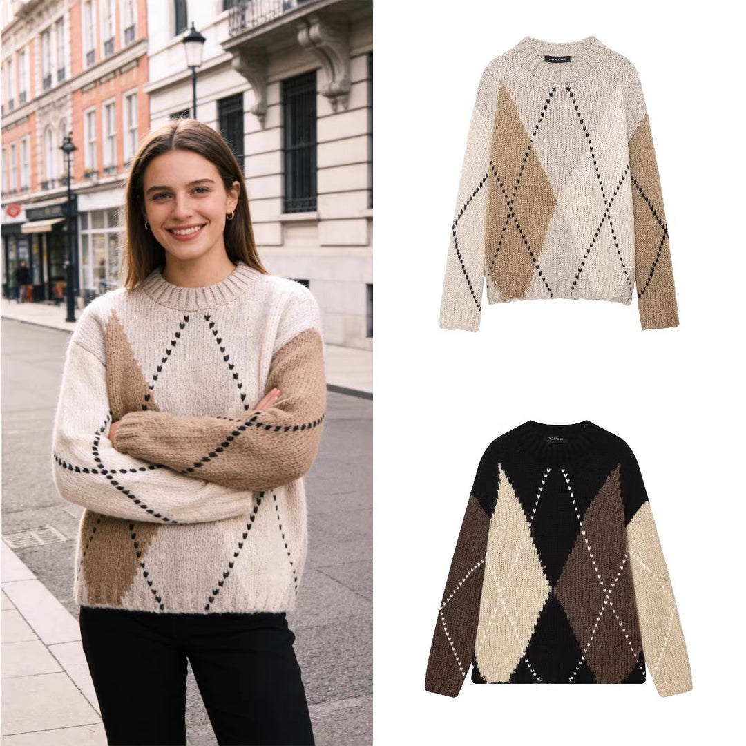 Women Chunky Knit Argyle Sweater with Oversized Cut and Ribbed Collar Mune Fashion