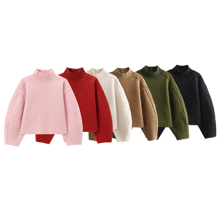 Women Oversize Cropped Pullover with Stand-Up Collar and Balloon Sleeves Mune Fashion
