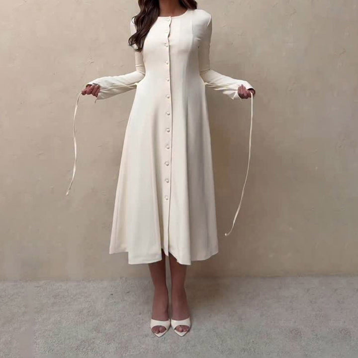 Women's Long Sleeve Midi Dress in A-Line Cut with Continuous Button Placket Mune Fashion