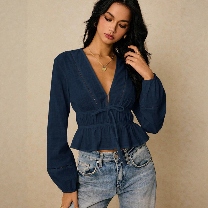 Women Deep Cut Blouse with Drawstring Waist, Ruffled Hem and Decorative Hole Embroidery Mune Fashion