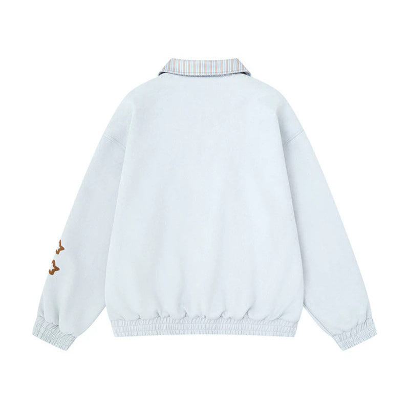 Women's zip sweat jacket with striped collar, front pockets and cute embroidery Mune Fashion
